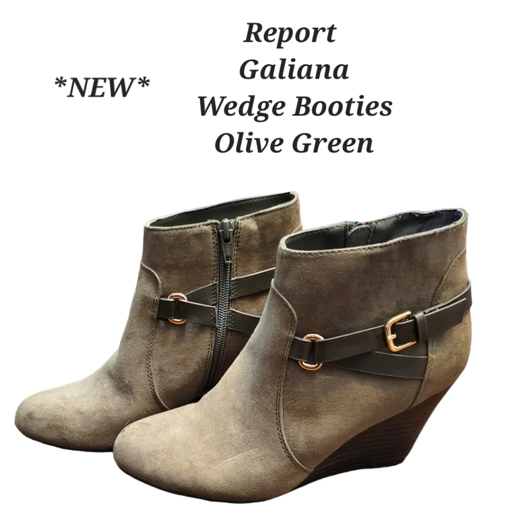 Report Galiana Wedge Booties NWOT Faux Suede Olive Green Wedge Boots Size 7.5